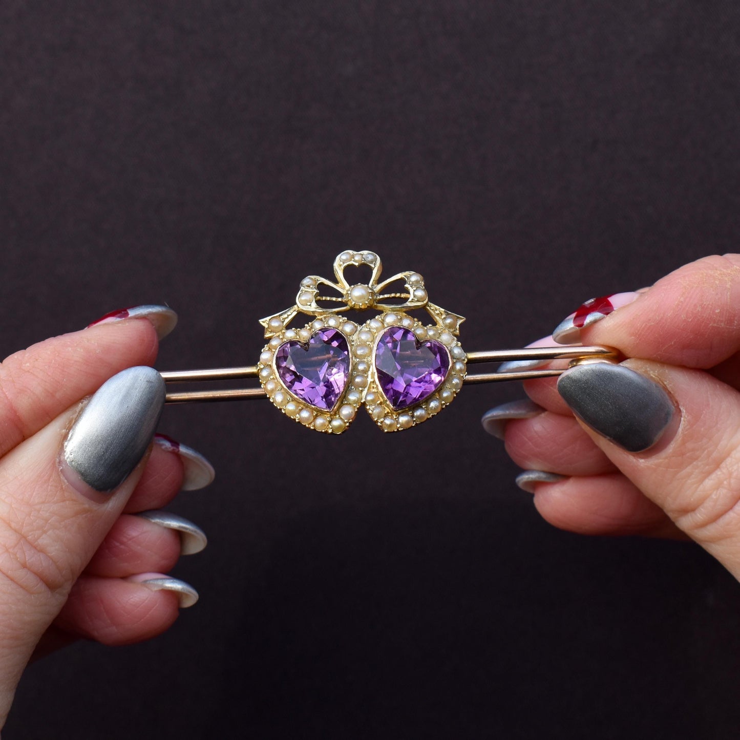 Antique Amethyst Pearl Double Heart and Bow 9ct Gold Brooch Pin
