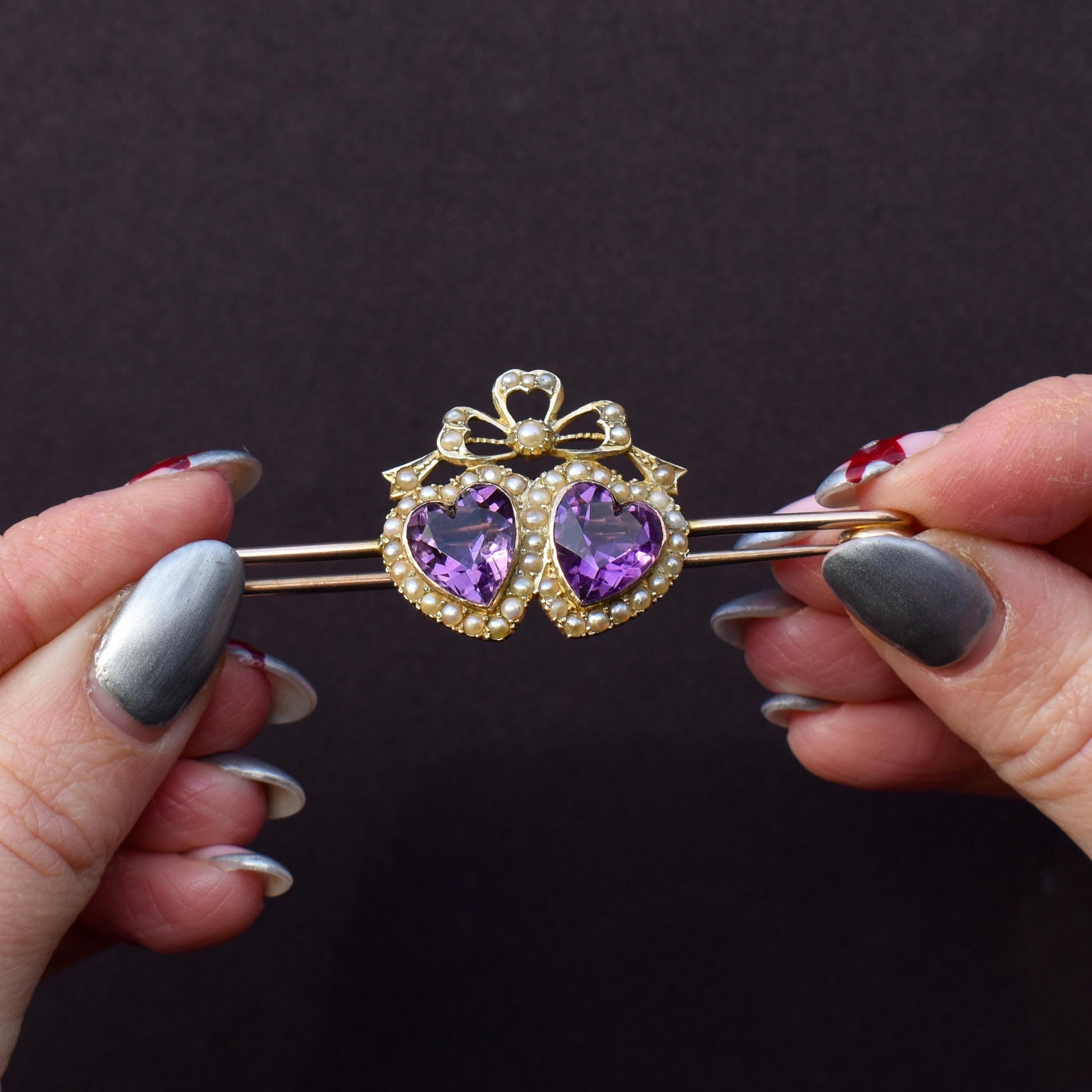 Antique Amethyst Pearl Double Heart and Bow 9ct Gold Brooch Pin