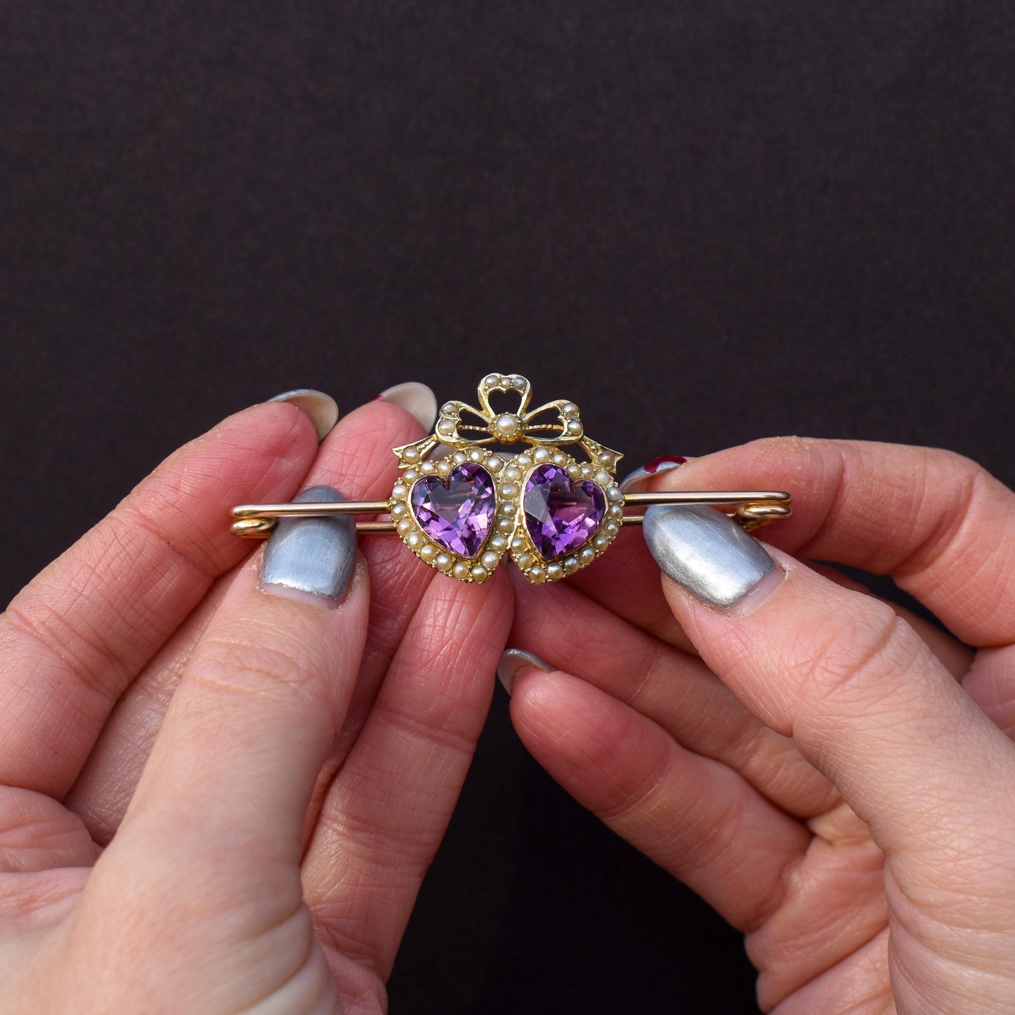 Antique Amethyst Pearl Double Heart and Bow 9ct Gold Brooch Pin
