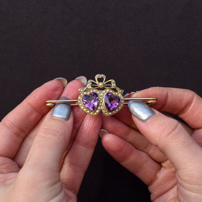 Antique Amethyst Pearl Double Heart and Bow 9ct Gold Brooch Pin