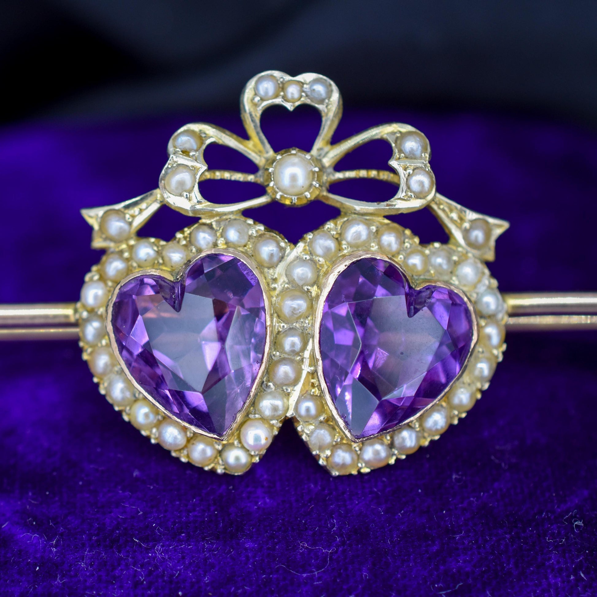Antique Amethyst Pearl Double Heart and Bow 9ct Gold Brooch Pin