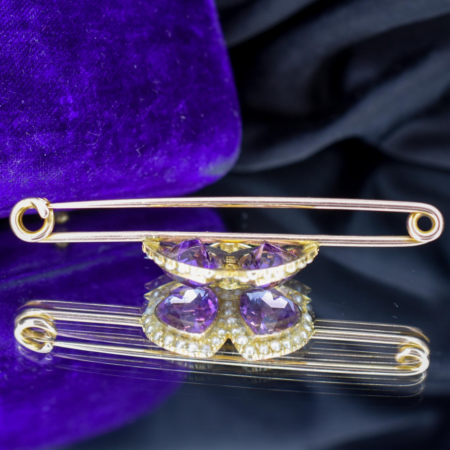 Antique Amethyst Pearl Double Heart and Bow 9ct Gold Brooch Pin