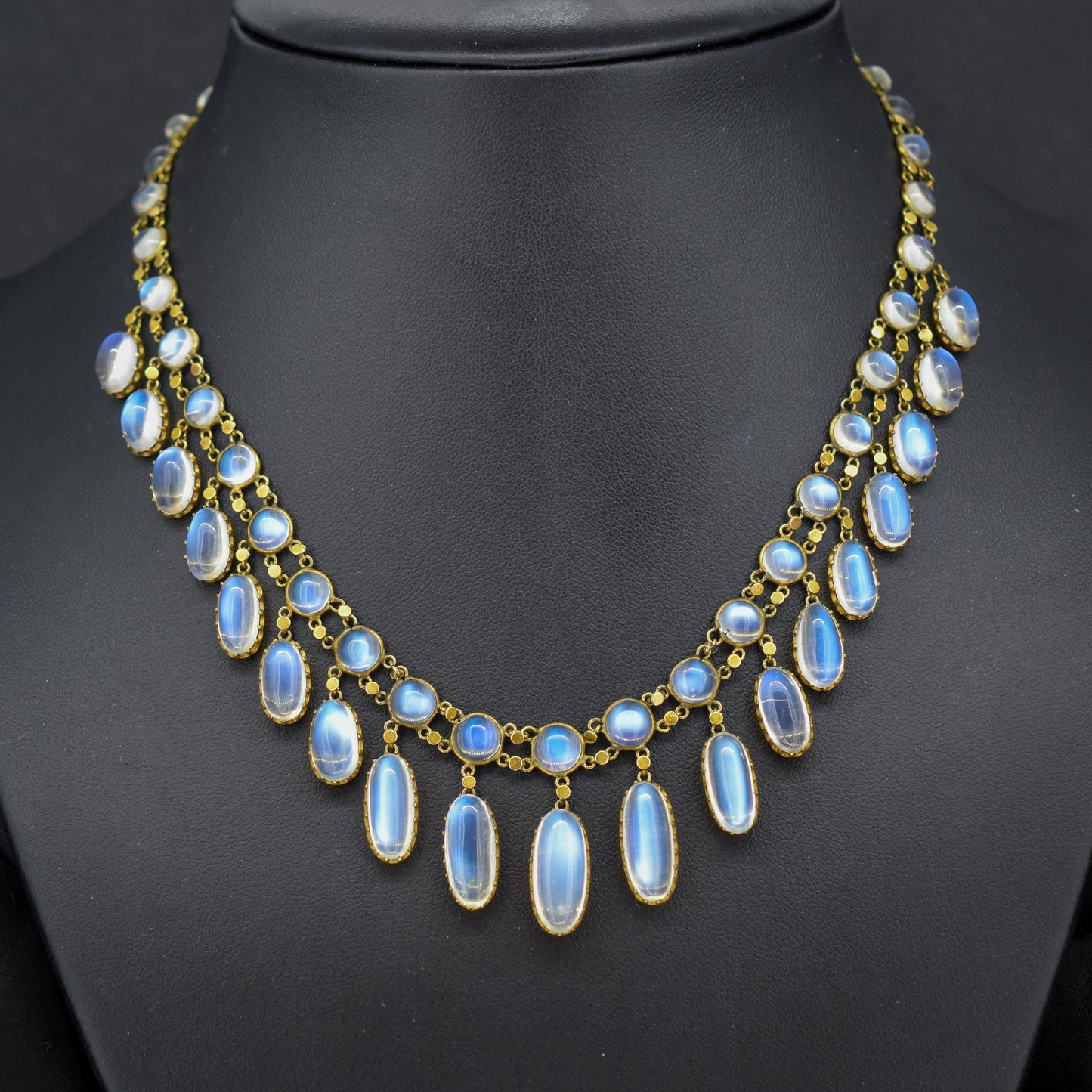 Antique Moonstone 9ct Yellow Gold Drop Fringe Festoon Necklace, 33.07ct