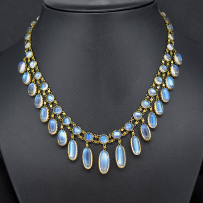 Antique Moonstone 9ct Yellow Gold Drop Fringe Festoon Necklace, 33.07ct