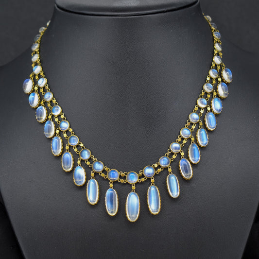 Antique Moonstone 9ct Yellow Gold Drop Fringe Festoon Necklace, 33.07ct