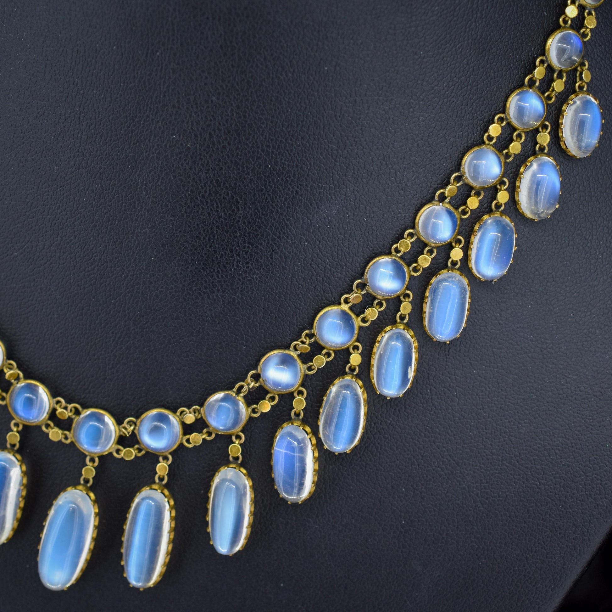 Antique Moonstone 9ct Yellow Gold Drop Fringe Festoon Necklace, 33.07ct