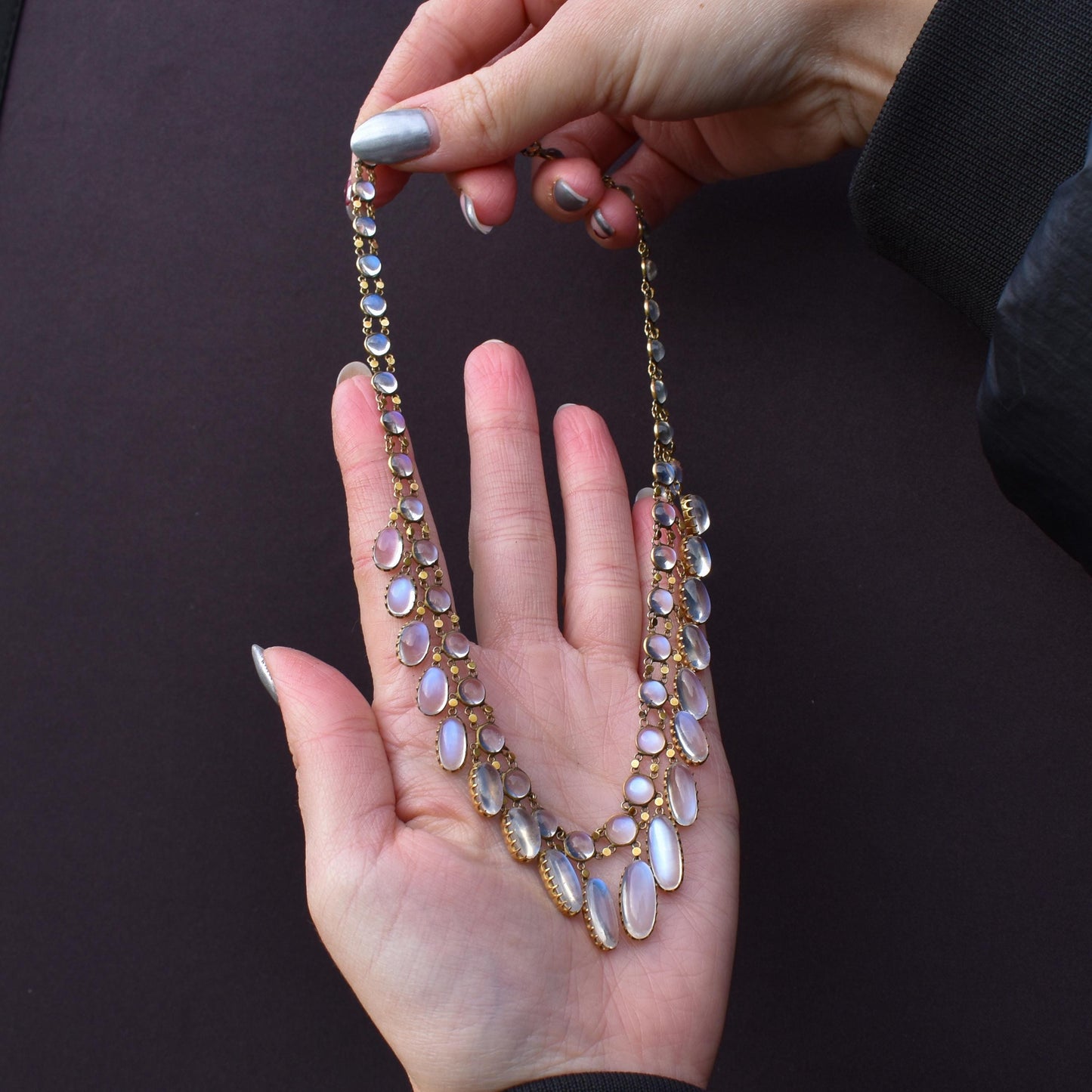 Antique Moonstone 9ct Yellow Gold Drop Fringe Festoon Necklace, 33.07ct