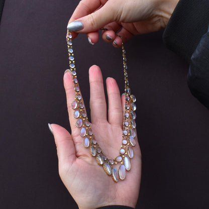 Antique Moonstone 9ct Yellow Gold Drop Fringe Festoon Necklace, 33.07ct