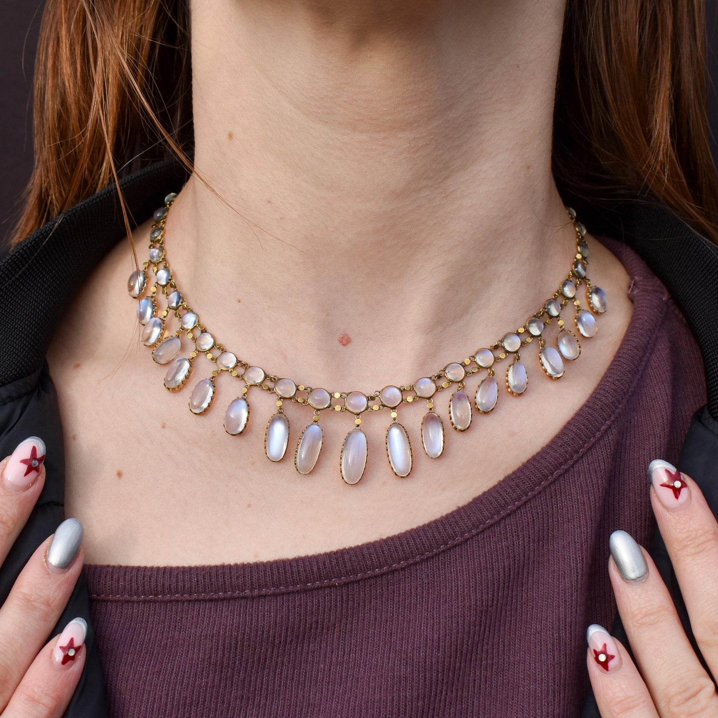 Antique Moonstone 9ct Yellow Gold Drop Fringe Festoon Necklace, 33.07ct