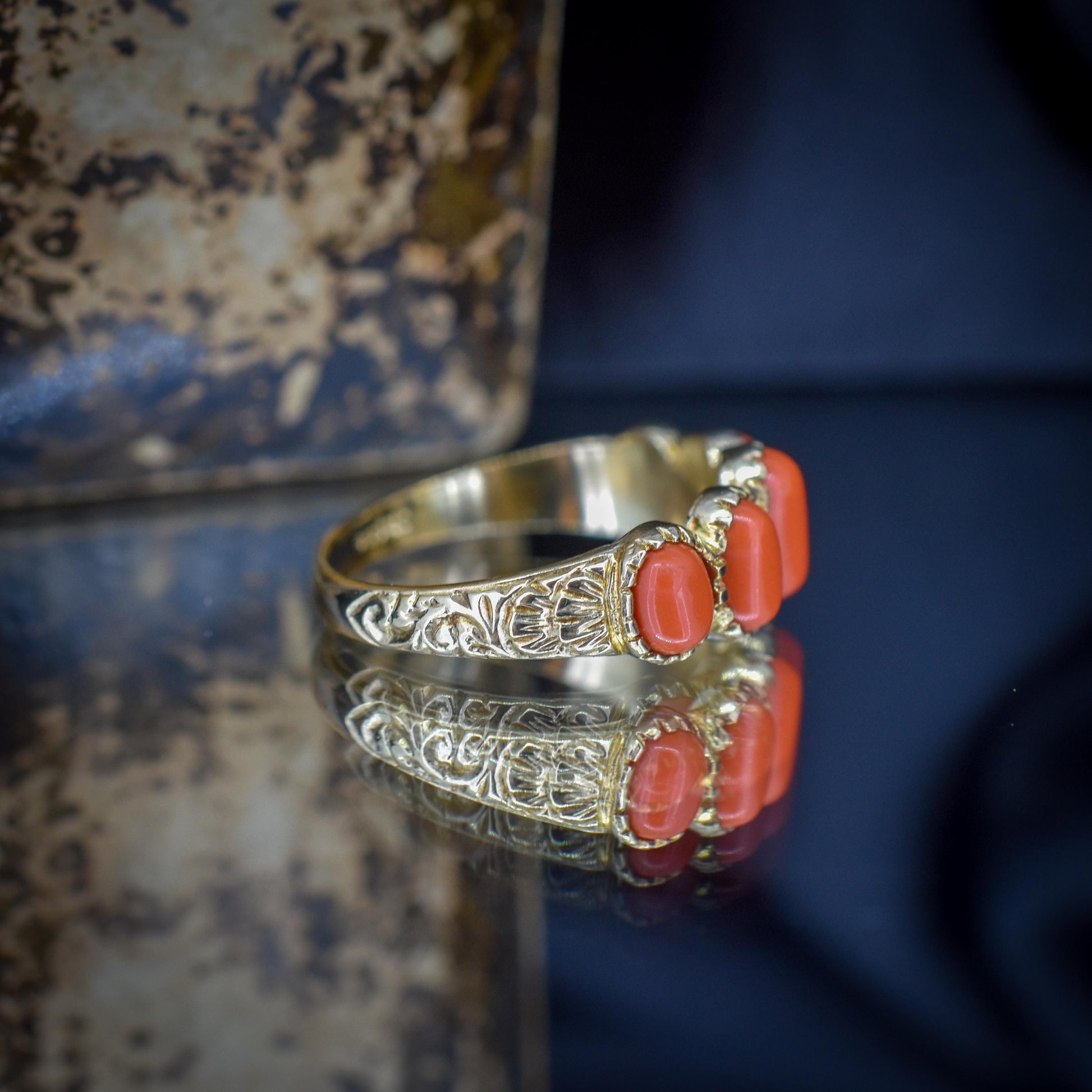 Coral Five Stone 9ct Yellow Gold Ring Band | Antique Georgian Style