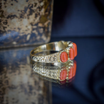 Coral Five Stone 9ct Yellow Gold Ring Band | Antique Georgian Style