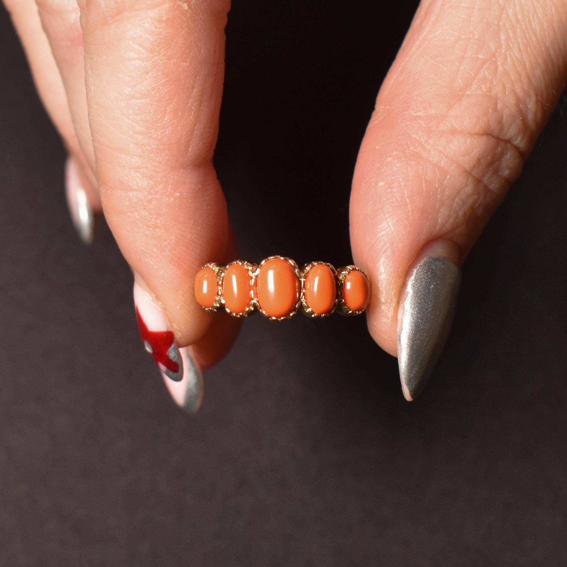 Coral Five Stone 9ct Yellow Gold Ring Band | Antique Georgian Style