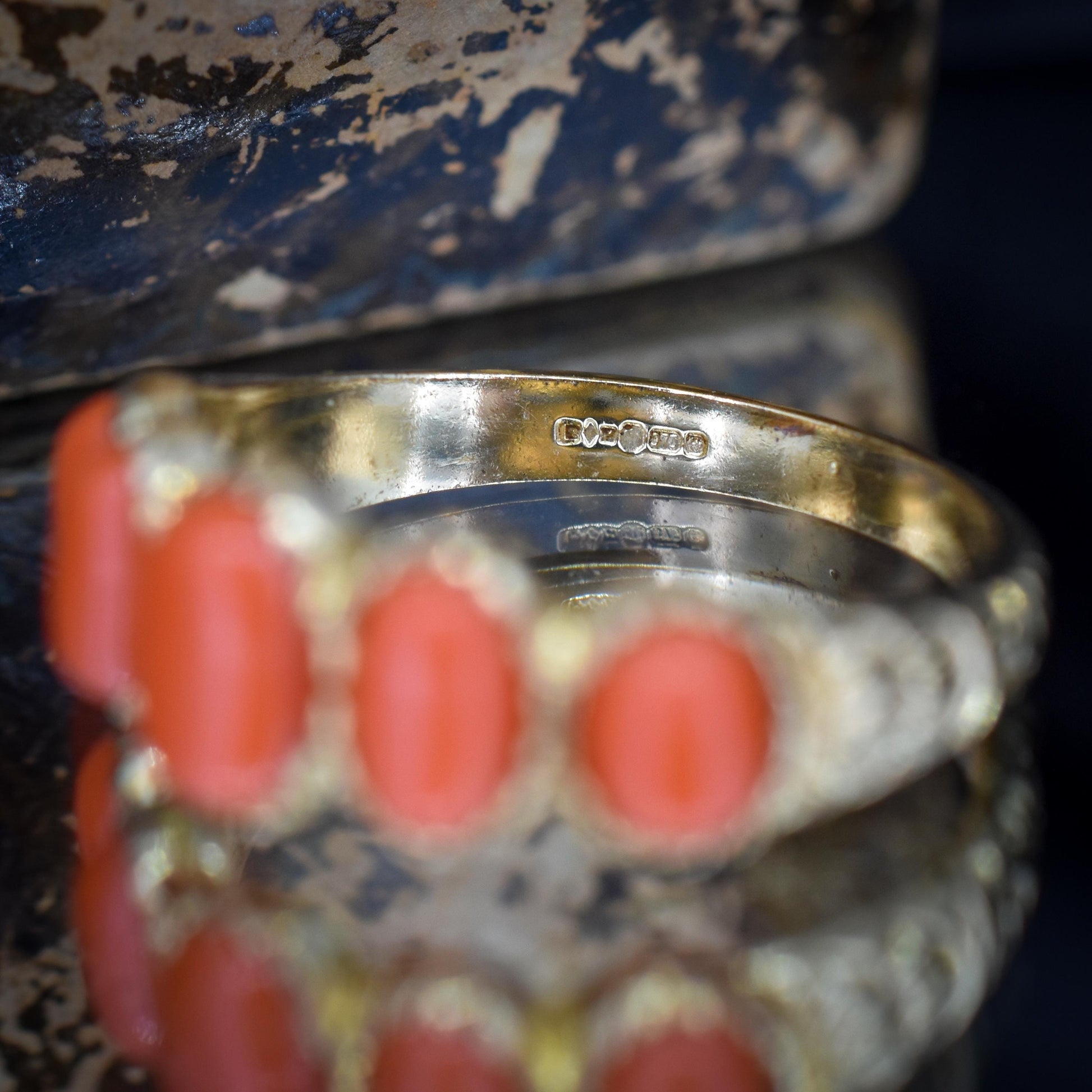 Coral Five Stone 9ct Yellow Gold Ring Band | Antique Georgian Style