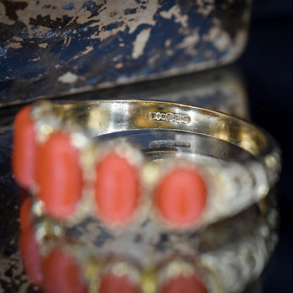 Coral Five Stone 9ct Yellow Gold Ring Band | Antique Georgian Style