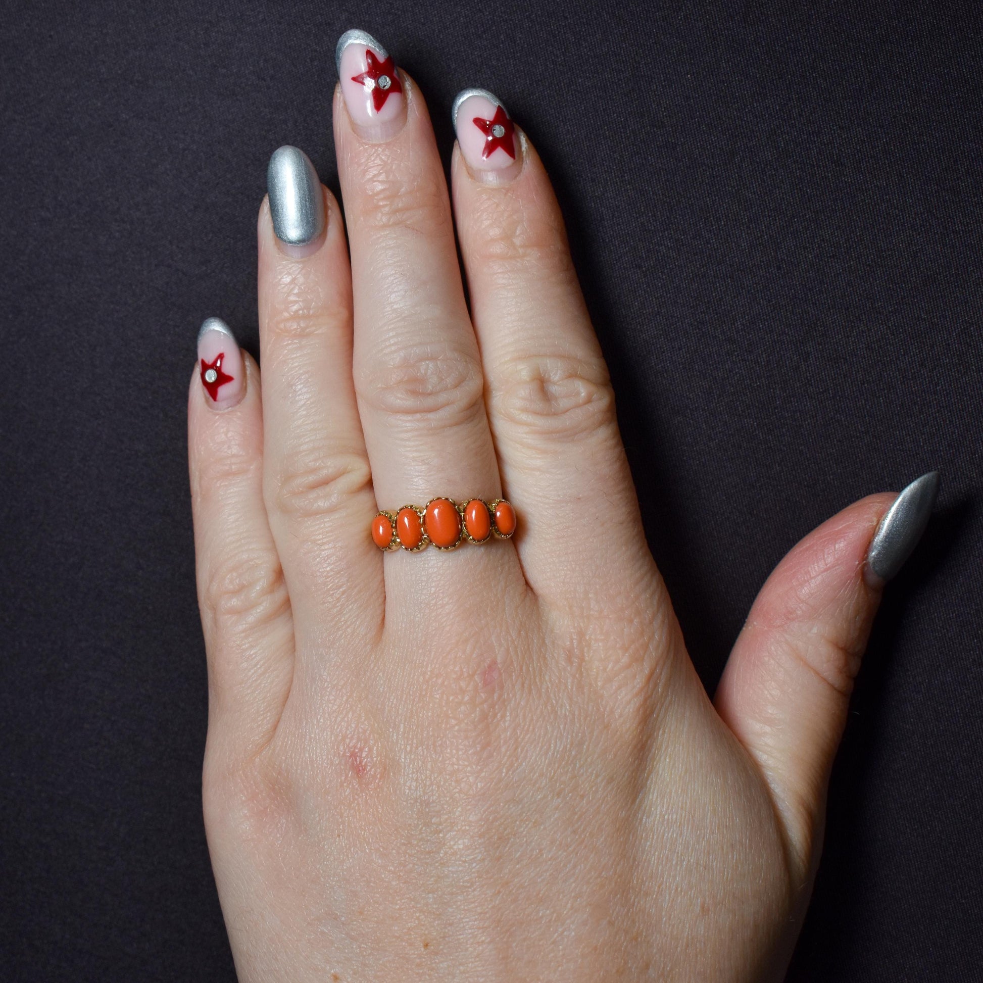 Coral Five Stone 9ct Yellow Gold Ring Band | Antique Georgian Style