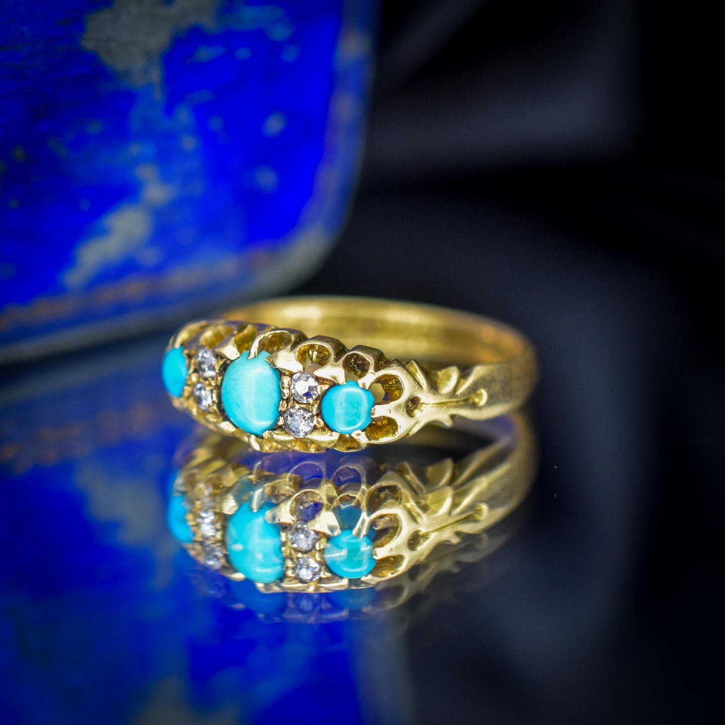 Antique Turquoise and Diamond Scroll Boat 18ct Gold Ring | Dated 1900