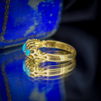Antique Turquoise and Diamond Scroll Boat 18ct Gold Ring | Dated 1900
