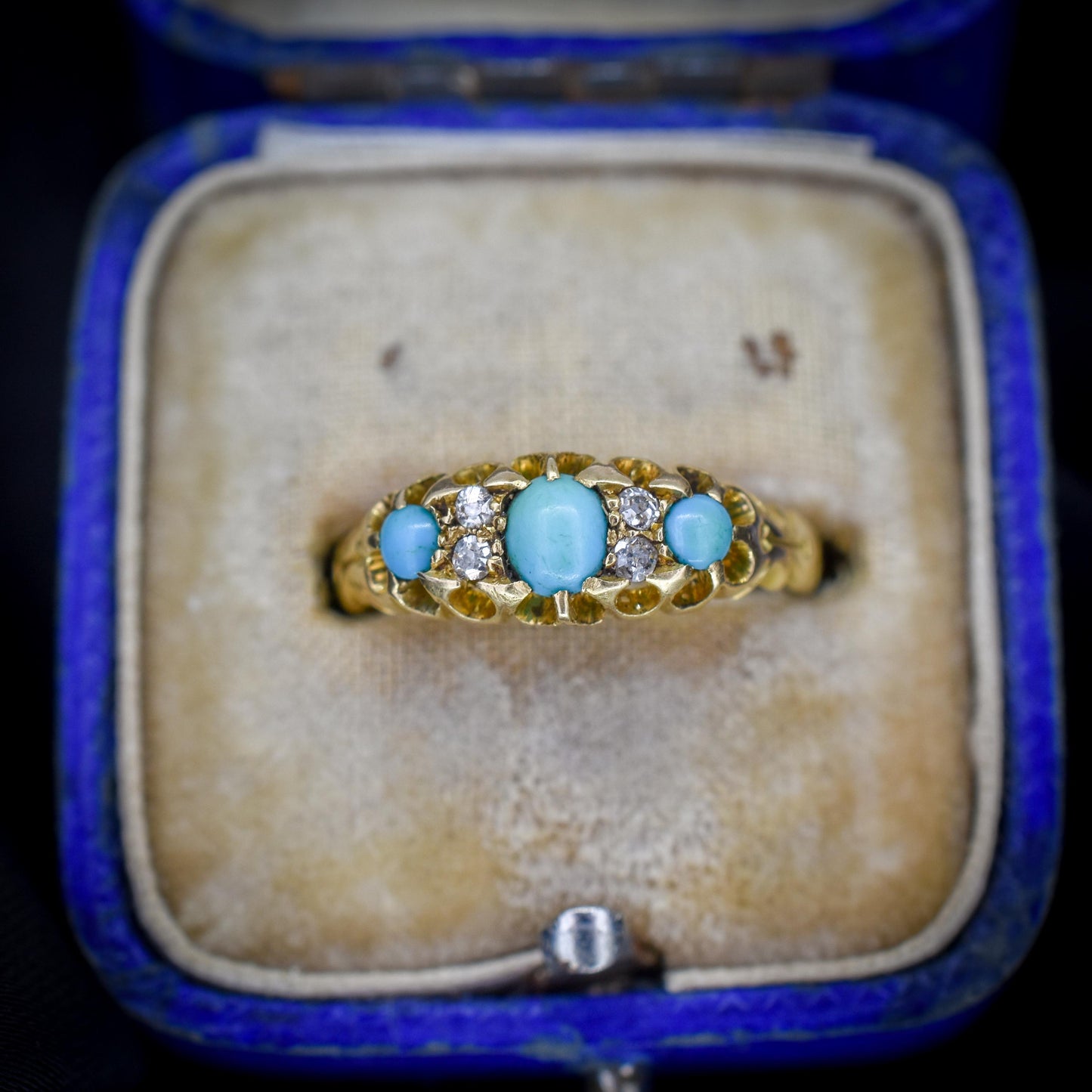 Antique Turquoise and Diamond Scroll Boat 18ct Gold Ring | Dated 1900