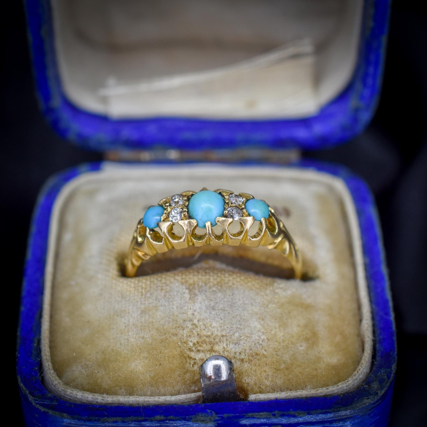 Antique Turquoise and Diamond Scroll Boat 18ct Gold Ring | Dated 1900
