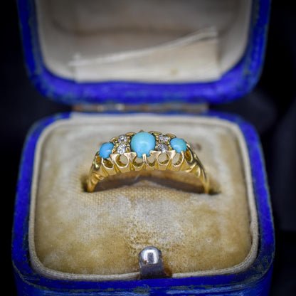 Antique Turquoise and Diamond Scroll Boat 18ct Gold Ring | Dated 1900