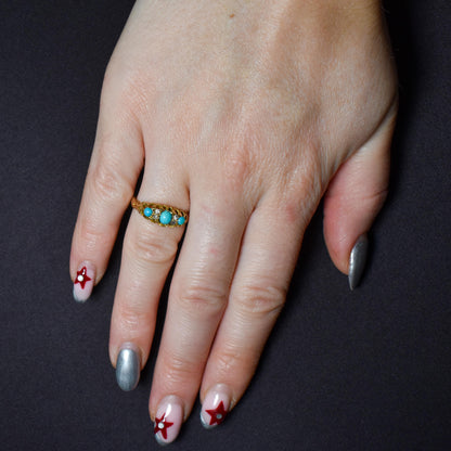 Antique Turquoise and Diamond Scroll Boat 18ct Gold Ring | Dated 1900