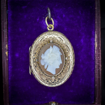Antique 9ct Gold Engraved Oval Carved Cameo Locket Pendant