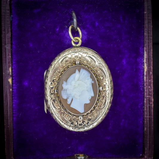 Antique 9ct Gold Engraved Oval Carved Cameo Locket Pendant