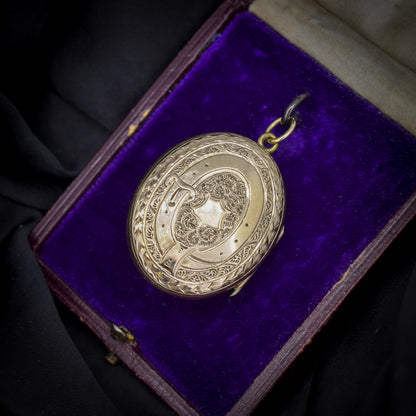 Antique 9ct Gold Engraved Oval Carved Cameo Locket Pendant