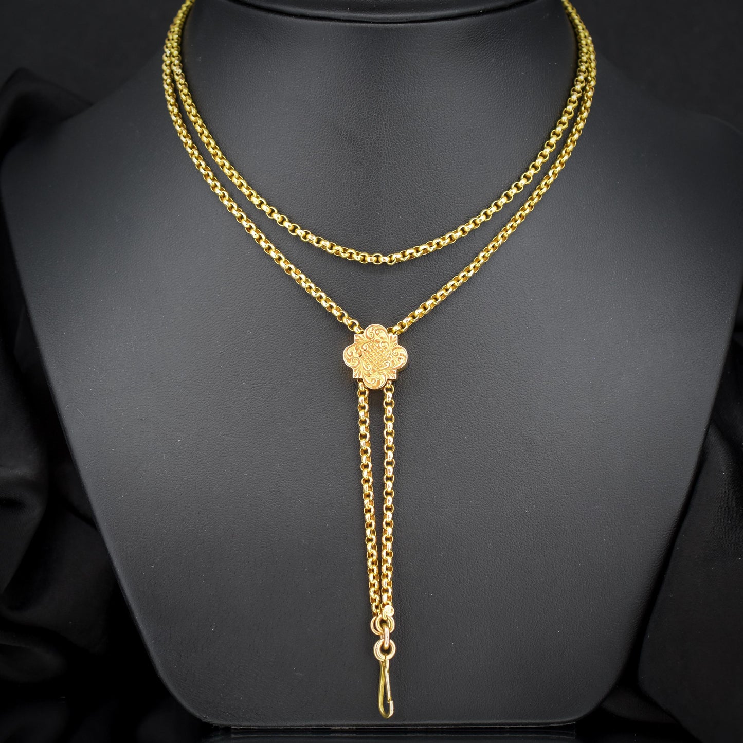 Antique 15ct Gold Chain Necklace with Engraved Slider and Hook | 32"