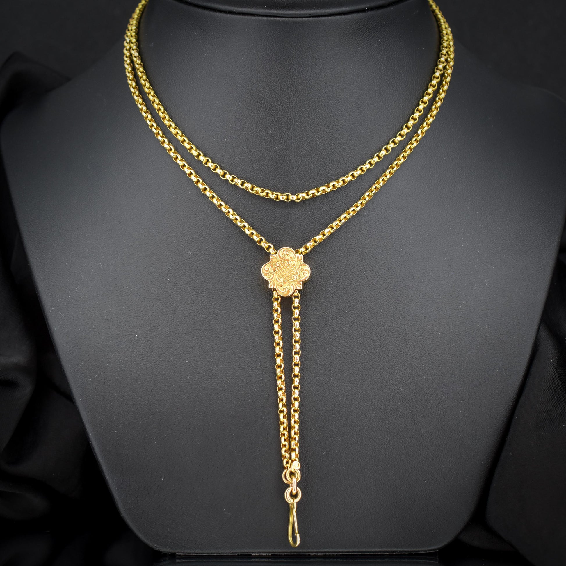 Antique 15ct Gold Chain Necklace with Engraved Slider and Hook | 32"