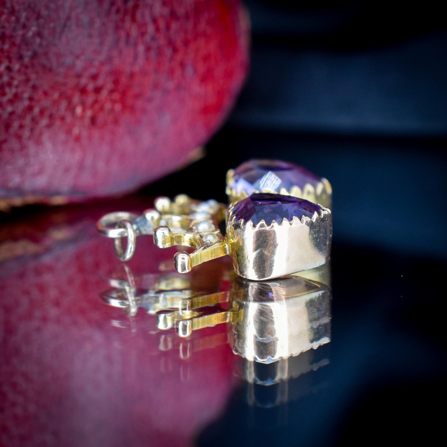 Antique Amethyst and Pearl Double Heart Crown Gold Charm Pendant