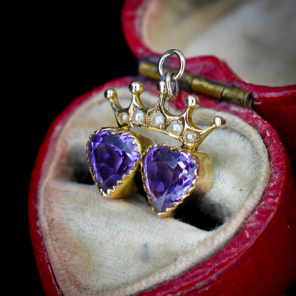 Antique Amethyst and Pearl Double Heart Crown Gold Charm Pendant