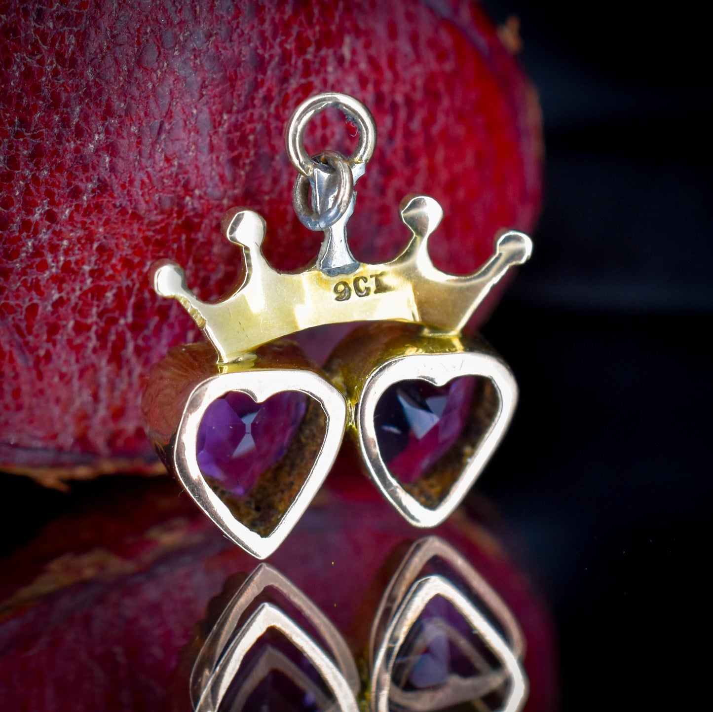 Antique Amethyst and Pearl Double Heart Crown Gold Charm Pendant