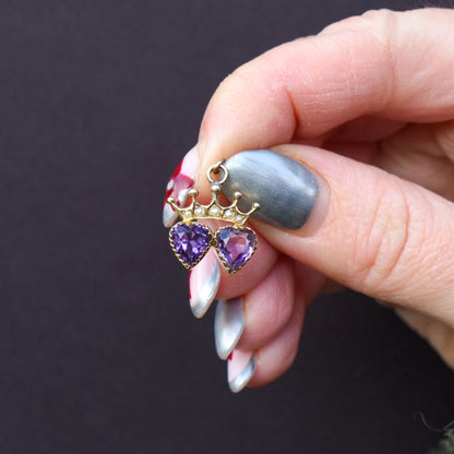 Antique Amethyst and Pearl Double Heart Crown Gold Charm Pendant