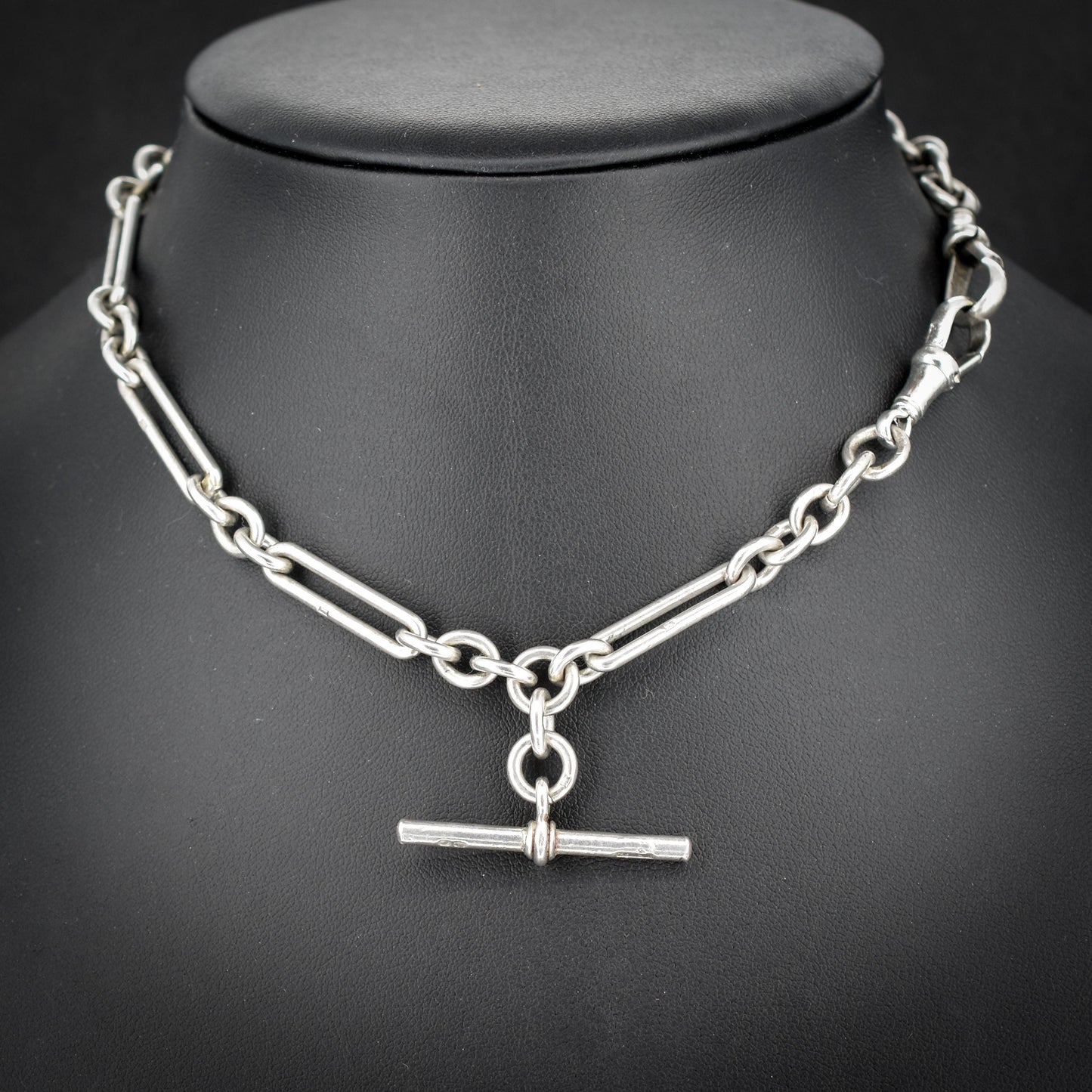 Antique Sterling Silver Trombone Watch Chain with Dog Clips and T Bar | 13.75"