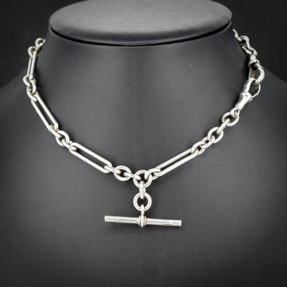 Antique Sterling Silver Trombone Watch Chain with Dog Clips and T Bar | 13.75"