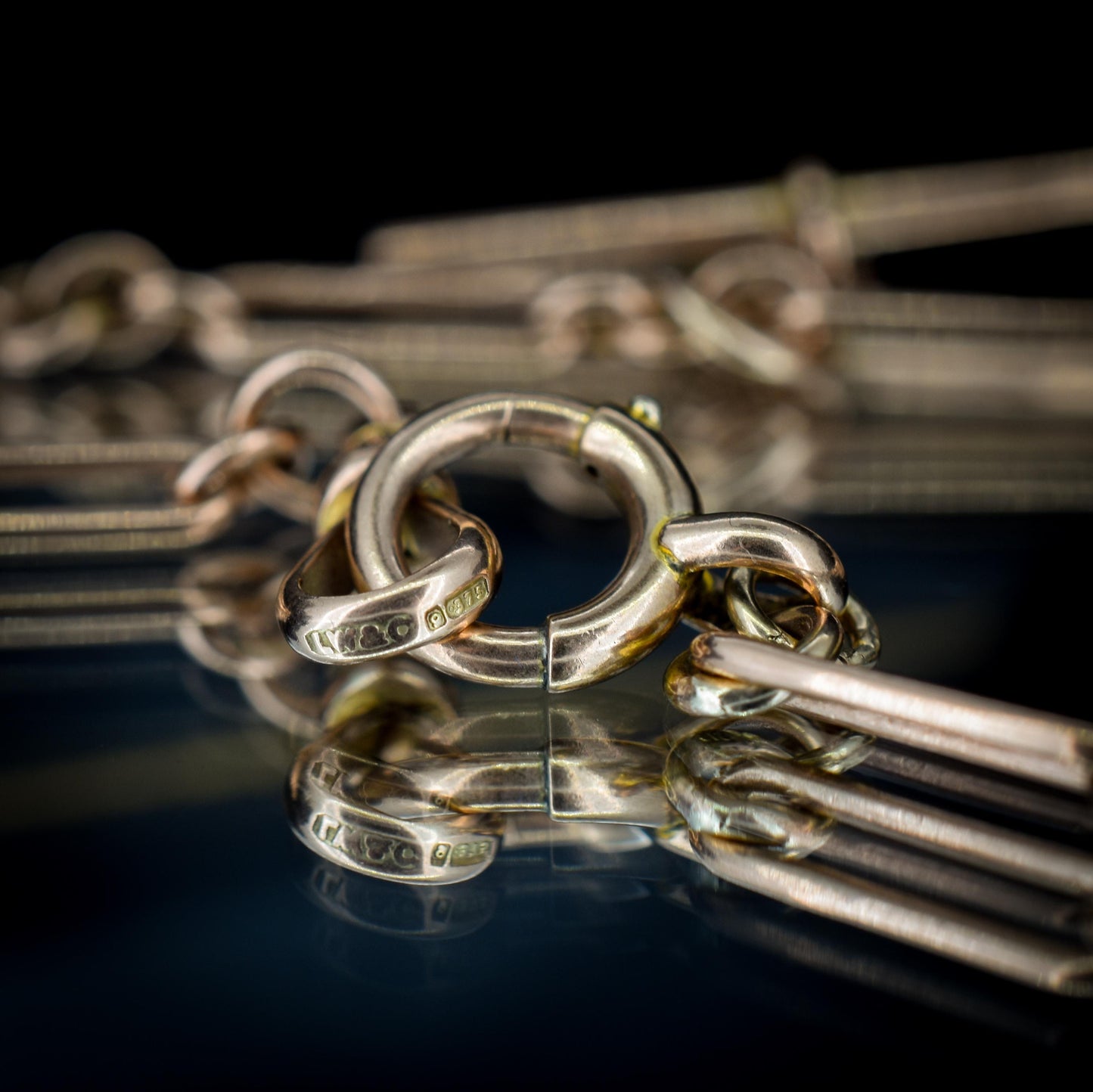 Antique '1924' 9ct Gold Trombone Chain Necklace with Dog Clip, Bolt Ring and T-bar | 15"