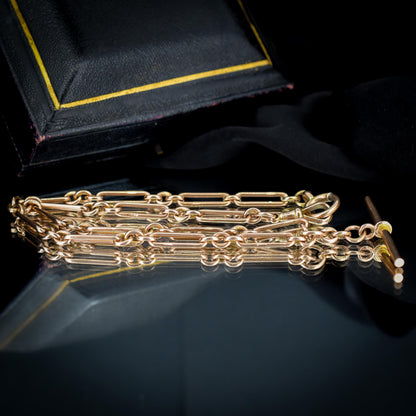 Antique '1924' 9ct Gold Trombone Chain Necklace with Dog Clip, Bolt Ring and T-bar | 15"