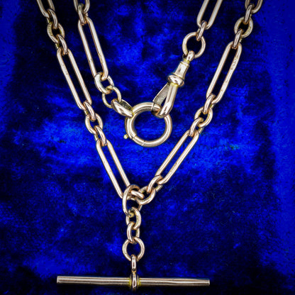 Antique '1924' 9ct Gold Trombone Chain Necklace with Dog Clip, Bolt Ring and T-bar | 15"