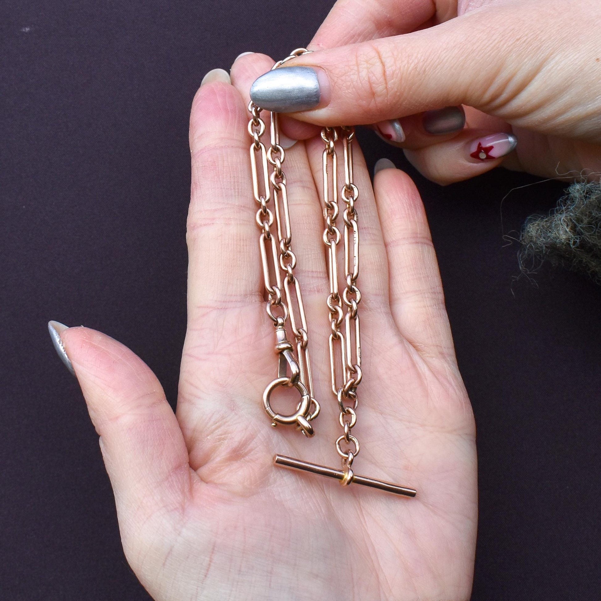 Antique '1924' 9ct Gold Trombone Chain Necklace with Dog Clip, Bolt Ring and T-bar | 15"