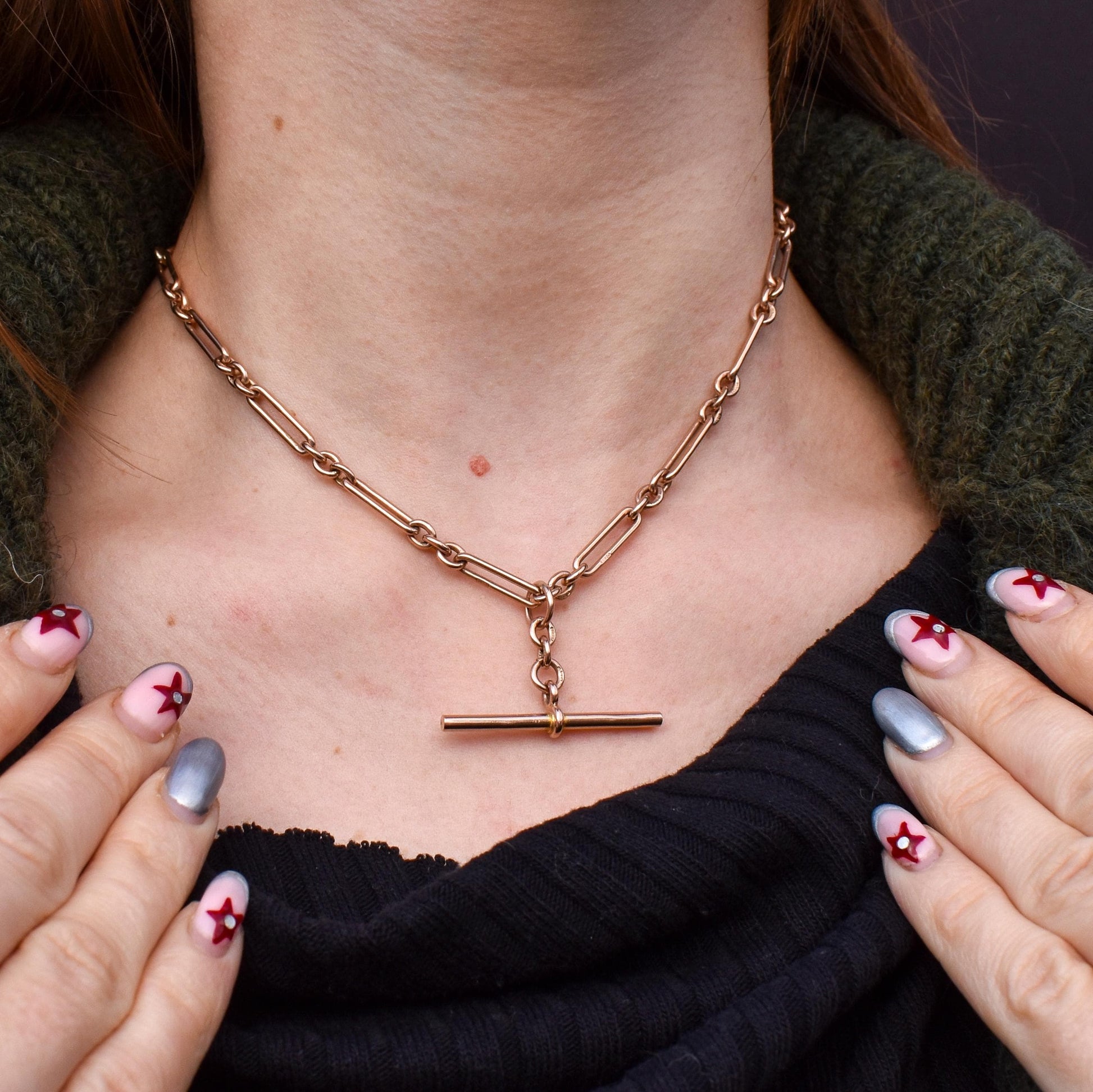 Antique '1924' 9ct Gold Trombone Chain Necklace with Dog Clip, Bolt Ring and T-bar | 15"