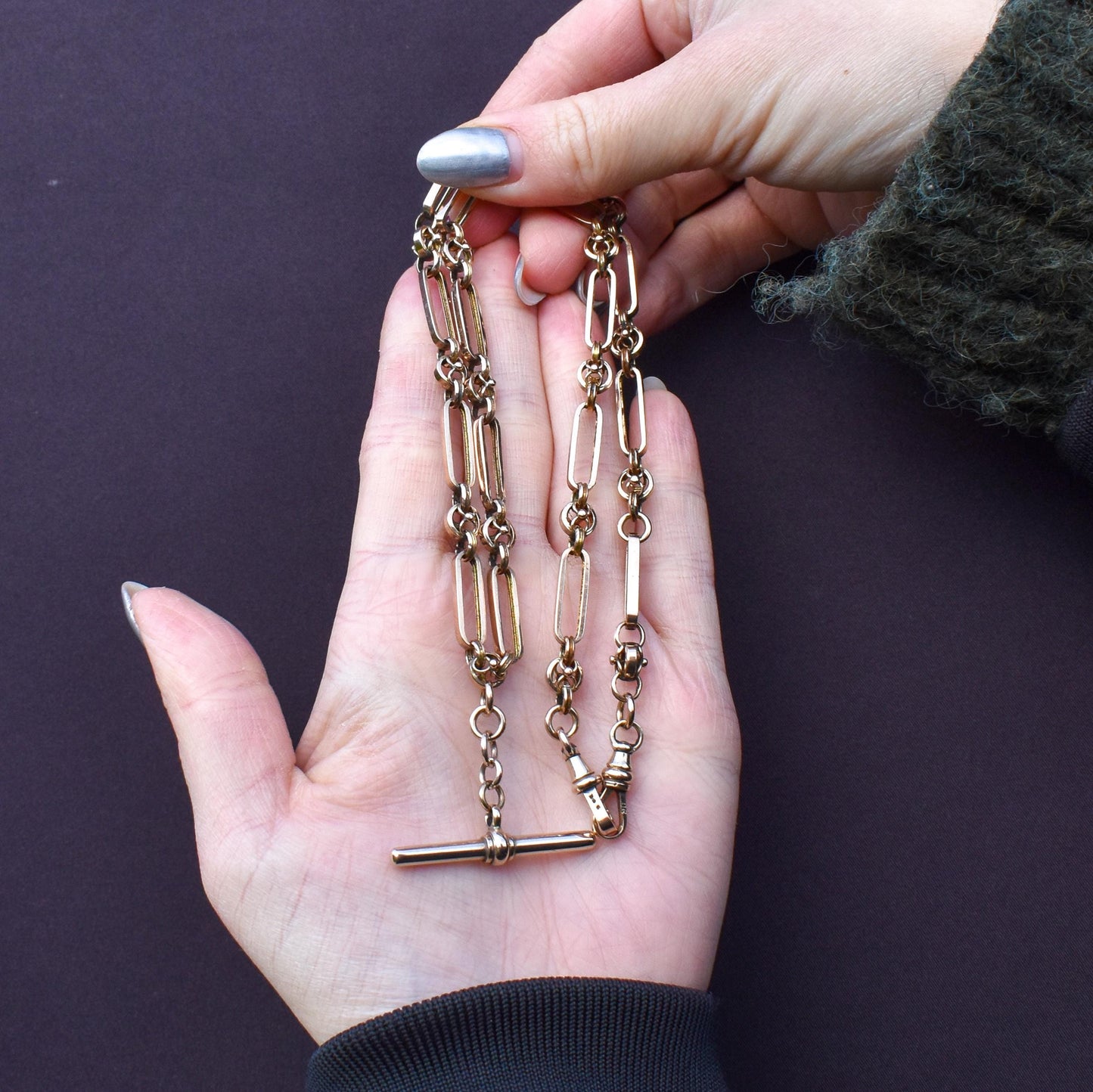 Antique 20.75" 9ct Gold Fancy Trombone Link Chain Necklace with Dog clips and T-bar