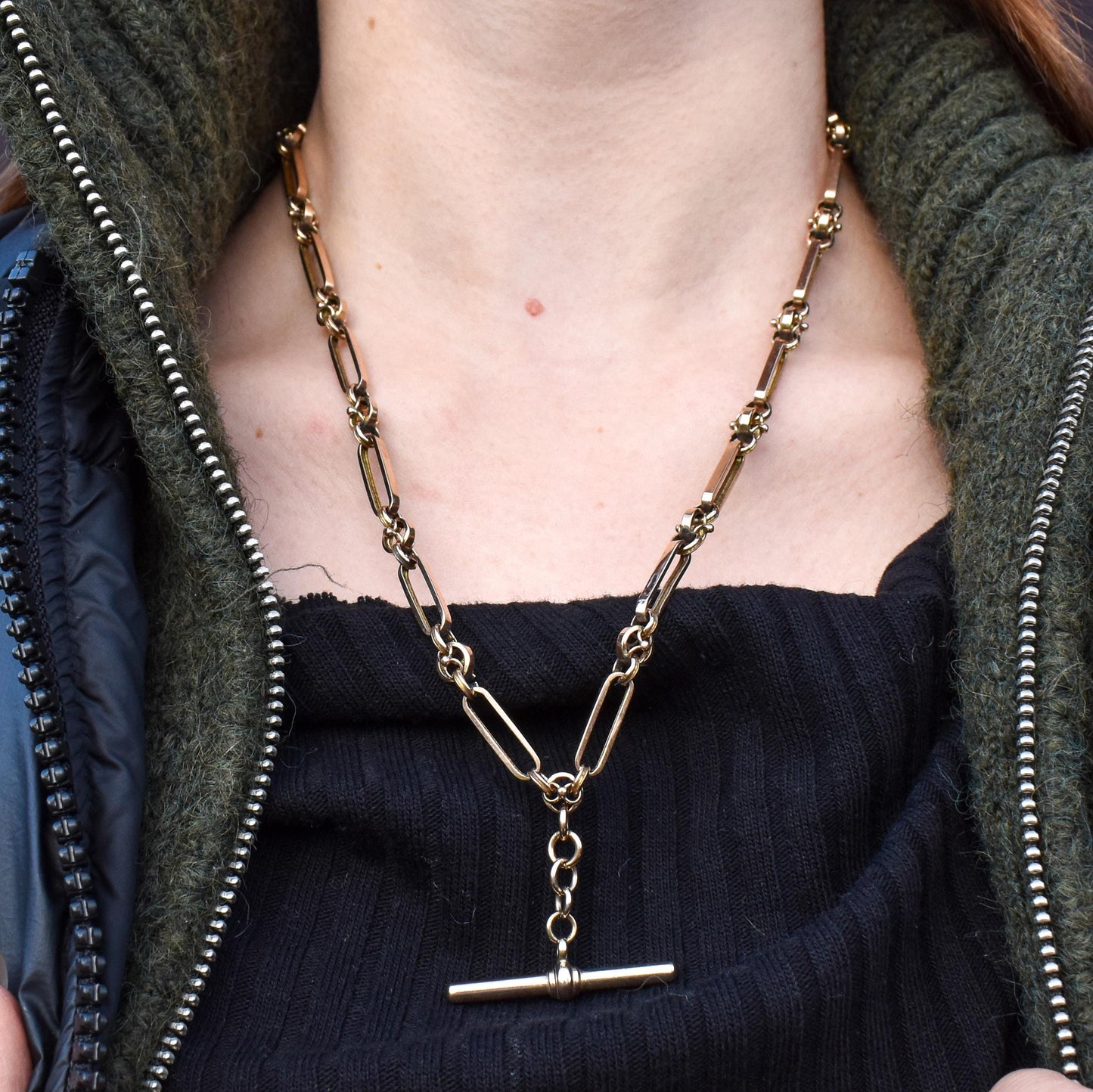 Antique 20.75" 9ct Gold Fancy Trombone Link Chain Necklace with Dog clips and T-bar