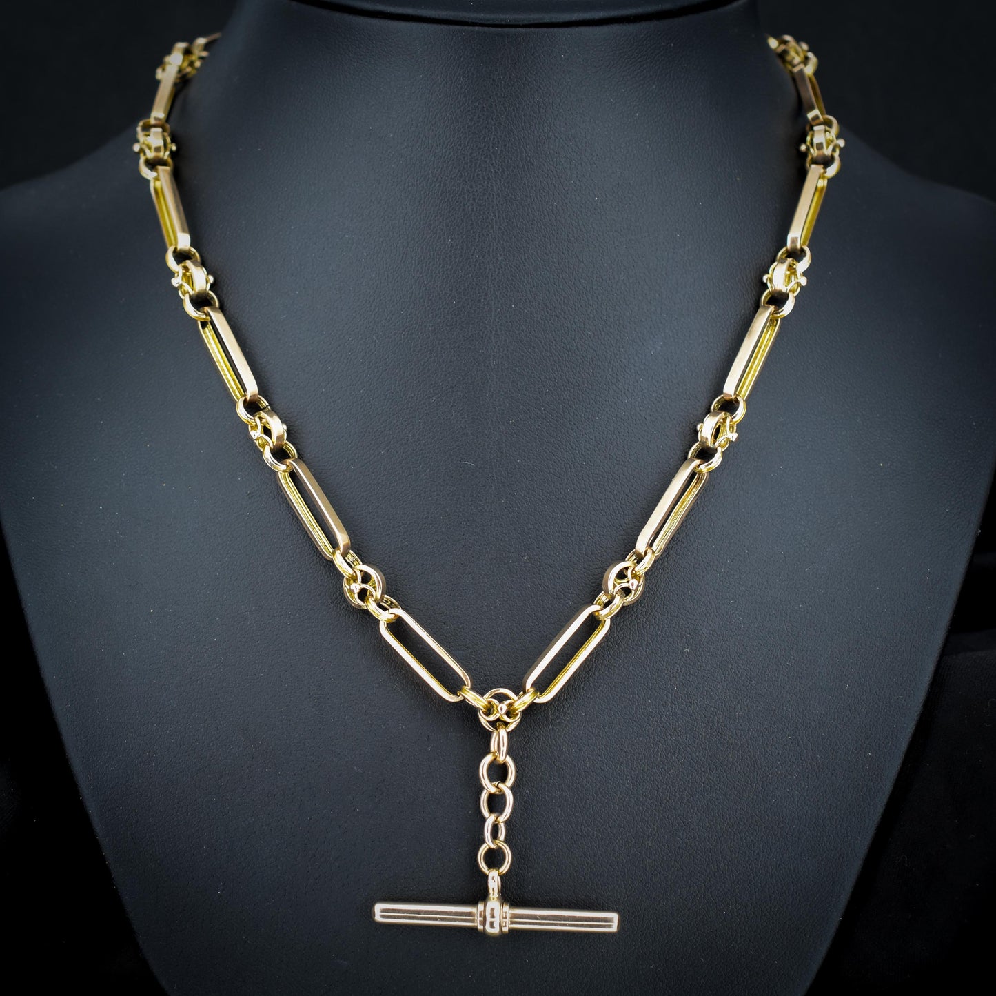 Antique 20.75" 9ct Gold Fancy Trombone Link Chain Necklace with Dog clips and T-bar