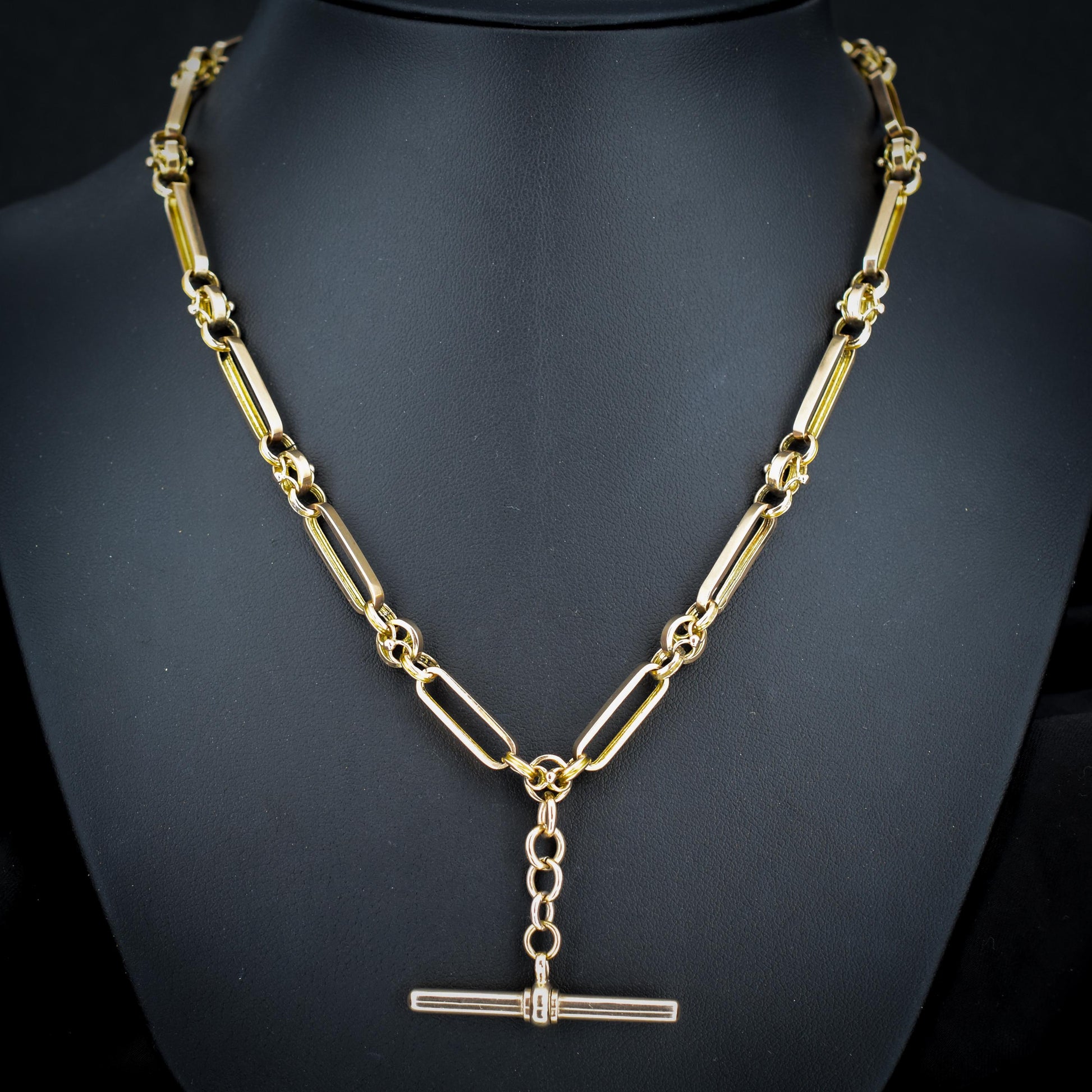 Antique 20.75" 9ct Gold Fancy Trombone Link Chain Necklace with Dog clips and T-bar