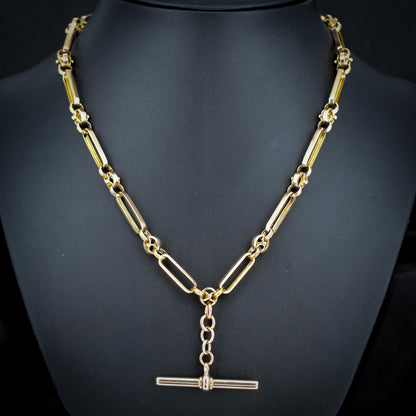 Antique 20.75" 9ct Gold Fancy Trombone Link Chain Necklace with Dog clips and T-bar
