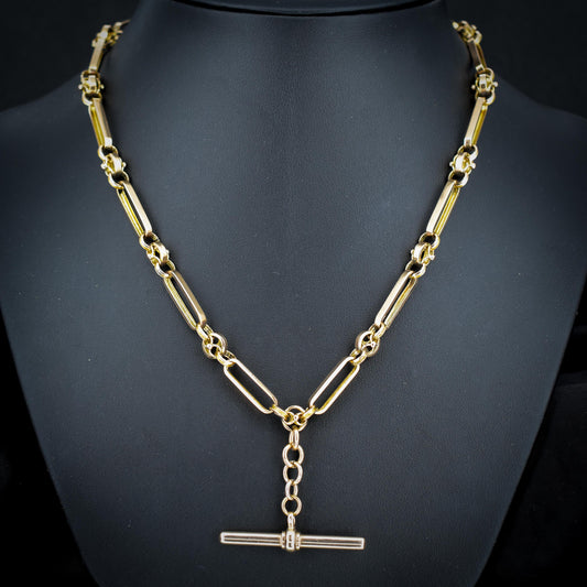 Antique 20.75" 9ct Gold Fancy Trombone Link Chain Necklace with Dog clips and T-bar