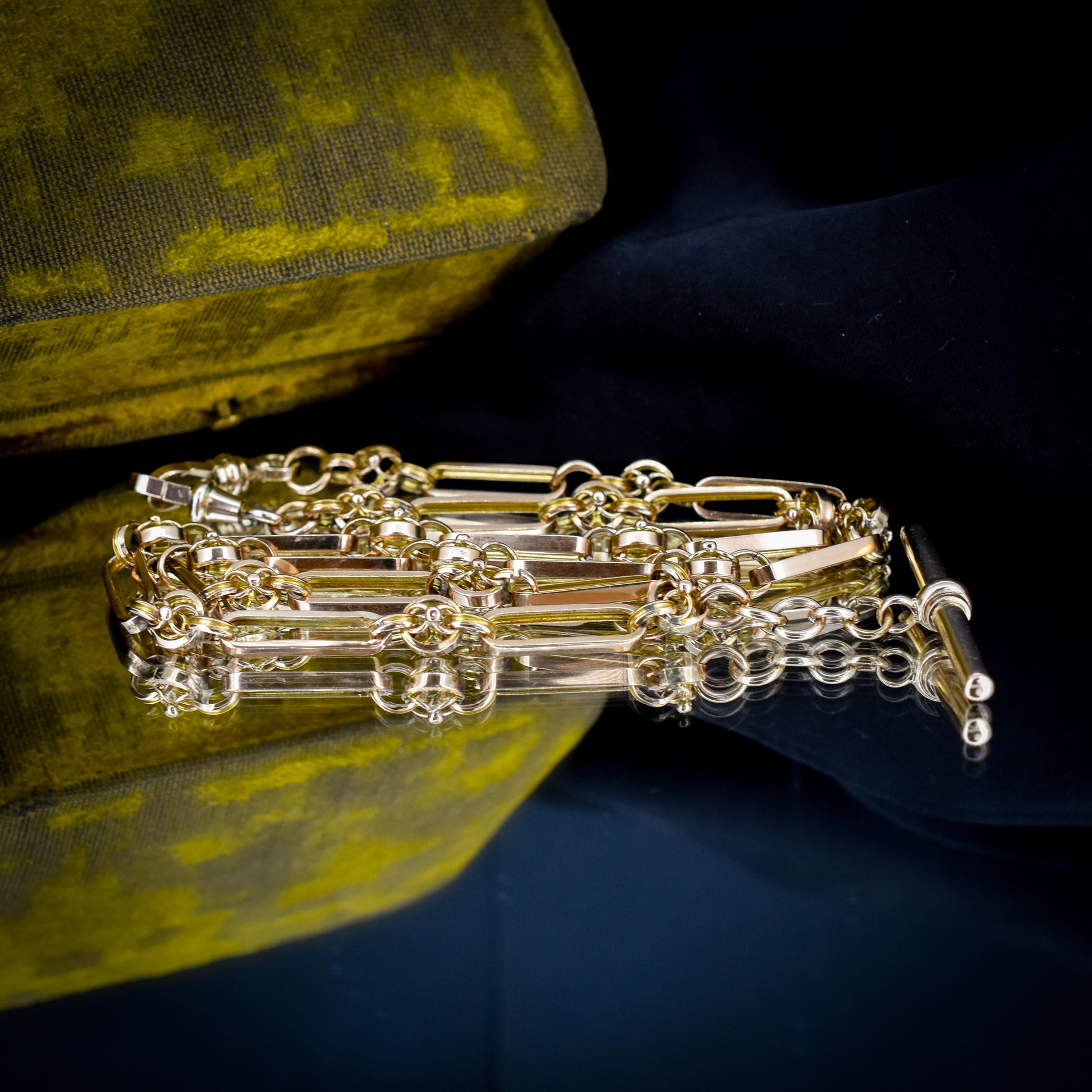 Antique 20.75" 9ct Gold Fancy Trombone Link Chain Necklace with Dog clips and T-bar