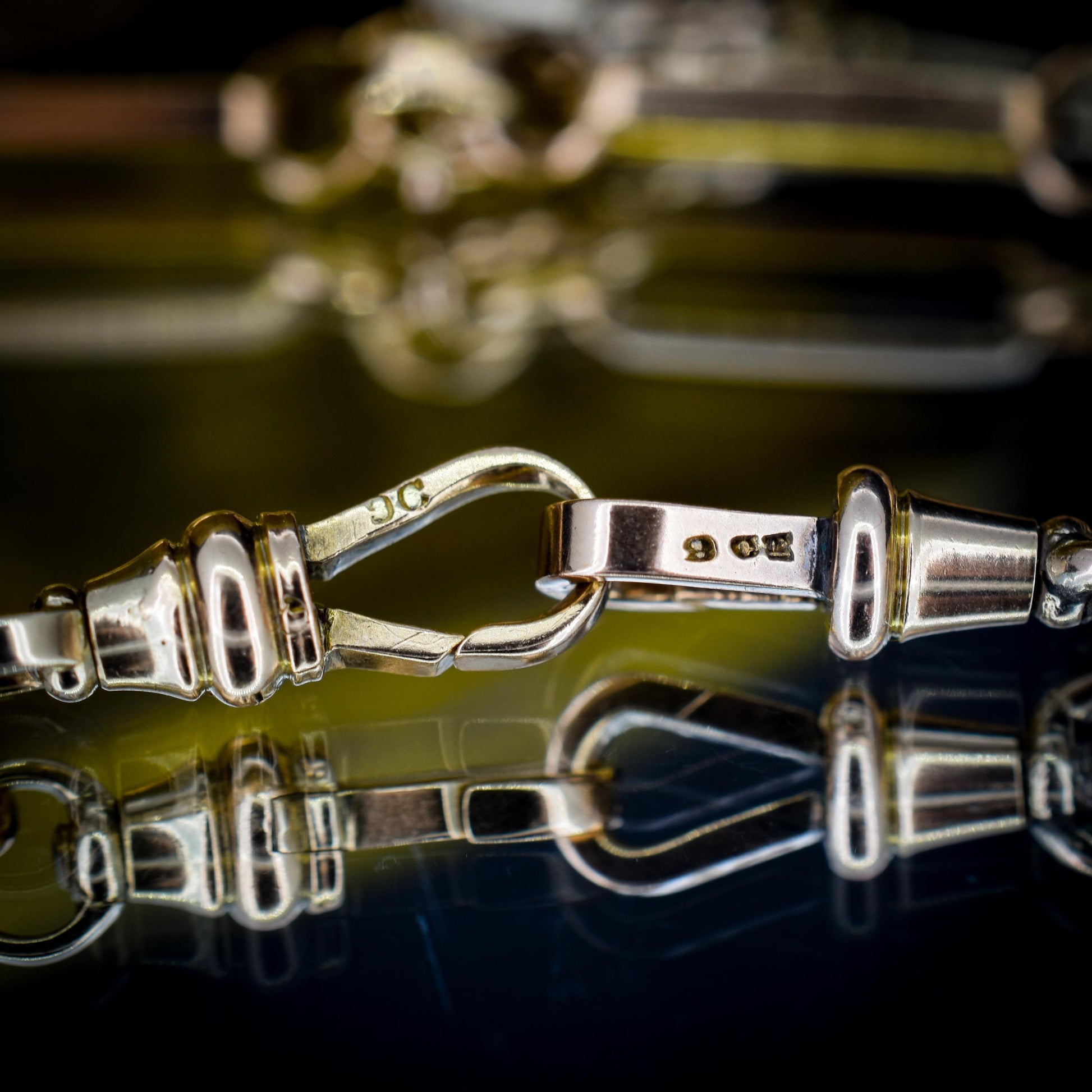 Antique 20.75" 9ct Gold Fancy Trombone Link Chain Necklace with Dog clips and T-bar