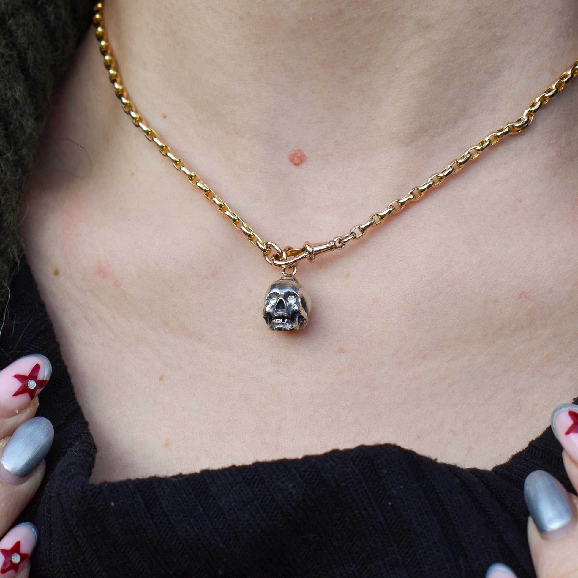Diamond Eyes Gold and Silver Skull Charm Pendant